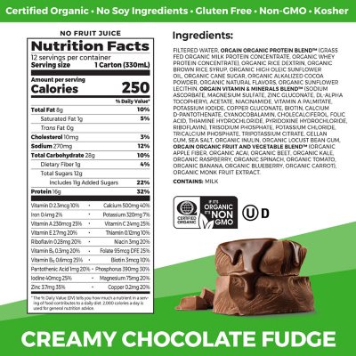 Orgain Organic Nutrition 16g Grass-Fed Protein Shake, Creamy Chocolate Fudge, 11 fl. oz., 12 pk.