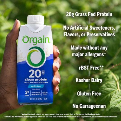 Orgain 20g Clean Protein Grass-Fed Protein Shake, Vanilla Bean 11 fl. oz., 12 pk.