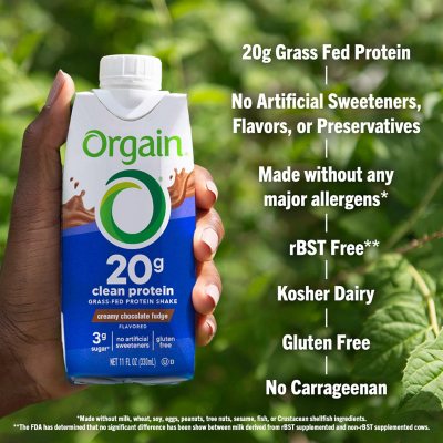 Orgain 20g Clean Protein Grass Fed Shake, Creamy Chocolate Fudge 11 fl. oz., 12 pk.