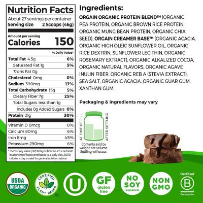 Orgain Organic 21g Plant-Based Protein Powder, Creamy Chocolate Fudge 2.74 lbs.