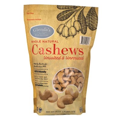 Glenda's Farmhouse Whole Natural Unsalted/Unroasted Cashews 26 oz.
