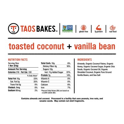 Taos Bakes Snack Bars, Toasted Coconut and Vanilla Bean, 1.8 oz., 10 ct.