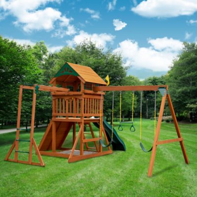 Gorilla Playsets Avalon Wood Swing Set with Wood Roof and Monkey Bars