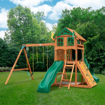 Gorilla Playsets Avalon Wood Swing Set with Wood Roof and Twister Tube Slide