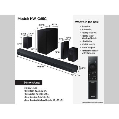 SAMSUNG 5.1 Channel Sound Bar w/ wireless Subwoofer, Q-Symphony & Dolby ATMOS Audio - HW-Q65C/ZA