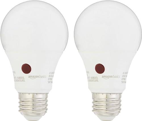 Amazon Basics A19 Dusk to Dawn Sensor LED Light Bulb, 60 Watt Equivalent, Energy Efficient 9W, E26 Standard Base, Soft White 2700K, Non-Dimmable, 10,000 Hour Lifetime, 2-Pack
