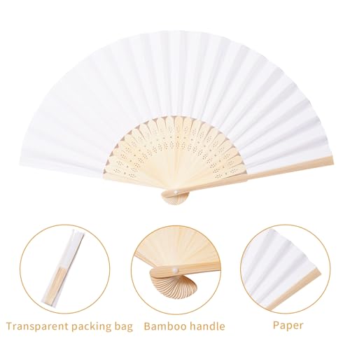 Sepwedd 50pcs White Paper Hand Fan Bamboo Folding,Handheld Paper Folded for Wedding Party and Home Decoration