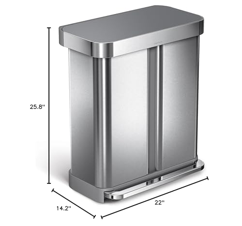 simplehuman 58 Liter / 15.3 Gallon Rectangular Dual Compartment Recycling Step, Brushed Stainless Steel with Soft-Close Plastic Lid Kitchen Trash Can