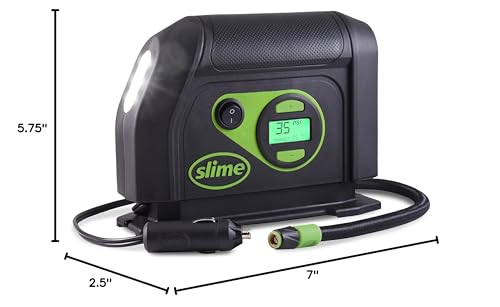 Slime 40050 Tire Inflator, Portable Car Air Compressor, with Analog 100 psi Dial Gauge, Long Hose and LED Light, 12V, 8 min Inflation