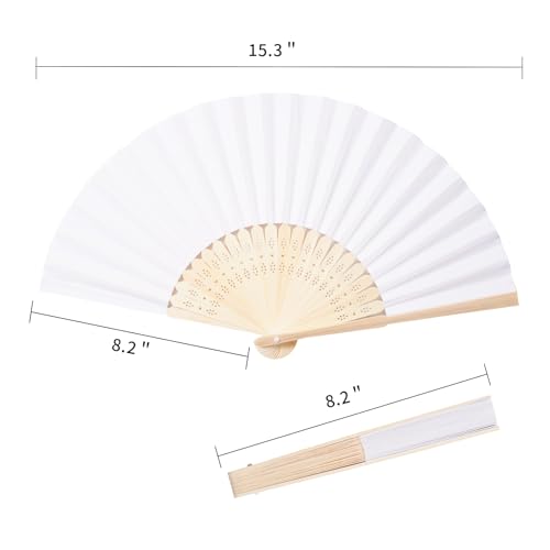 Sepwedd 50pcs White Paper Hand Fan Bamboo Folding,Handheld Paper Folded for Wedding Party and Home Decoration