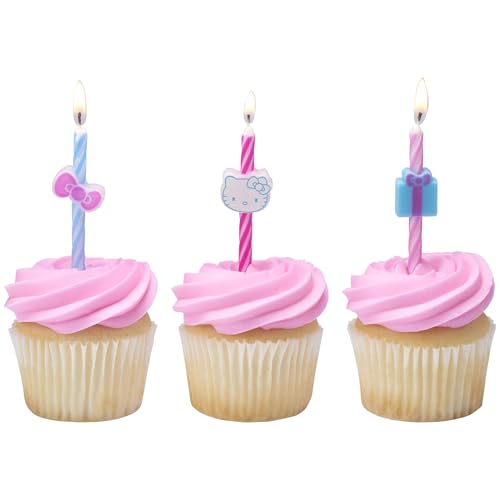 Hello Kitty® Birthday Cake Candles | 6 Birthday Candles for Cake Decorations, Pink & Blue Striped Candles, Cupcake Toppers for Hello Kitty® Party
