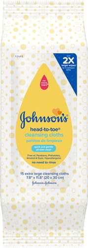 Johnson's Head-to-Toe Gentle Baby Cleansing Cloths, Hypoallergenic and Pre-Moistened Baby Bath Wipes, Free of Parabens, Phthalates, Alcohol, Dyes and Soap, 15 ct