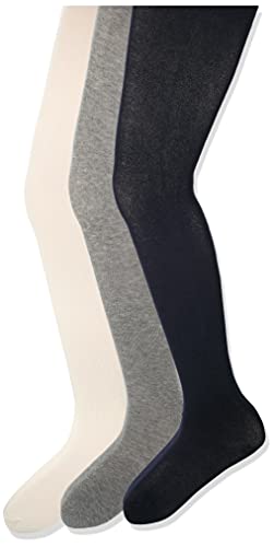 Amazon Essentials Girls' Cotton Tights, Pack of 3, Ivory/Grey/Navy, Medium