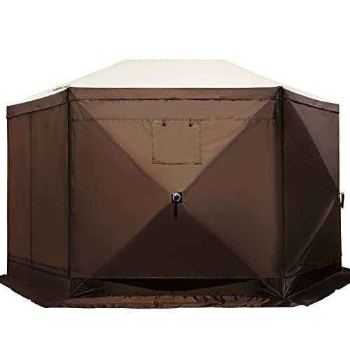 VEVOR 12 * 12ft 6 Sided Pop-up Canopy Shelter Tent with Mesh Windows, Portable Carry Bag, Stakes, Large Shade Tents for Outdoor Camping, Lawn and Backyard, Brown/Beige