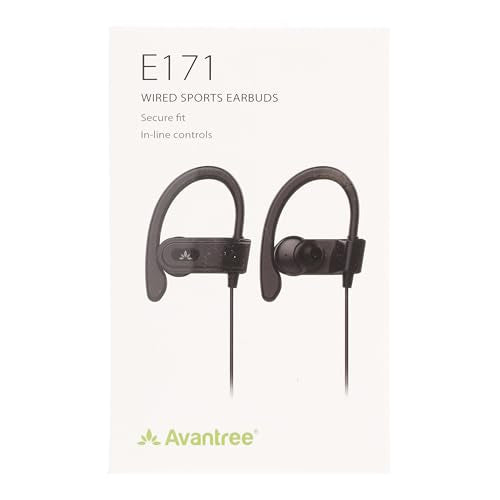 Avantree E171 - AUX 3.5mm Wired Earbuds with Microphone & in-Line Volume Control, Compatible with Traditional 3.5mm AUX Phones Corded Headphones with Ear Hook for Running & Sports, Black