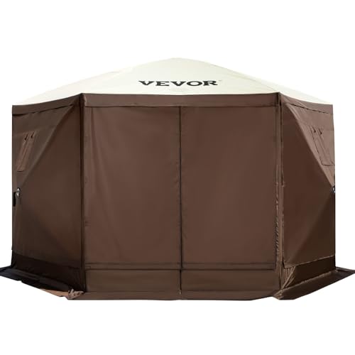 VEVOR 12 * 12ft 6 Sided Pop-up Canopy Shelter Tent with Mesh Windows, Portable Carry Bag, Stakes, Large Shade Tents for Outdoor Camping, Lawn and Backyard, Brown/Beige