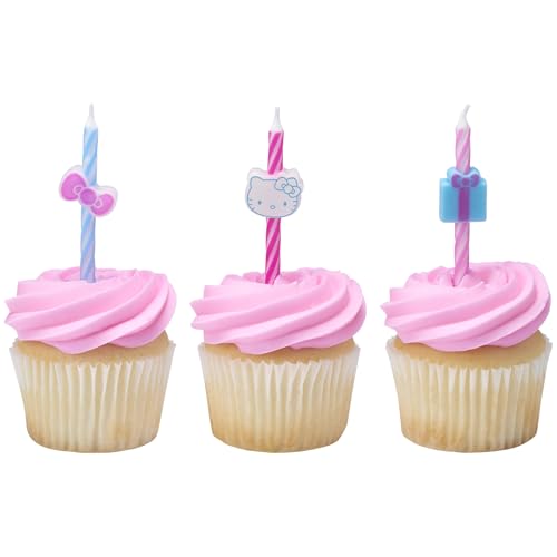 Hello Kitty® Birthday Cake Candles | 6 Birthday Candles for Cake Decorations, Pink & Blue Striped Candles, Cupcake Toppers for Hello Kitty® Party