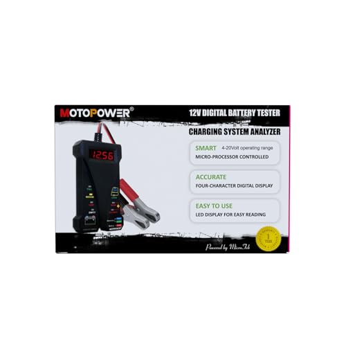 MOTOPOWER MP0514A 12V Digital Car Battery Tester Voltmeter and Charging System Analyzer with LCD Display and LED Indication - Black Rubber Paint