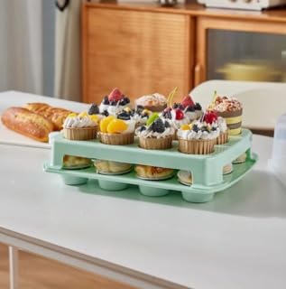 Top Shelf Elements Cupcake Carrier, Green Cupcake Holder Carries 24 Standard-Size Cupcakes, Muffin Traveler Two Tier Stand Reusable Cupcake Box