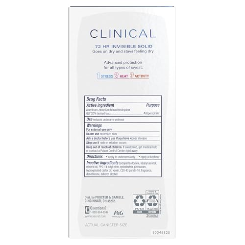 Secret Clinical Strength Antiperspirant Deodorant for Women, 3X Stress Protection, 72hr Sweat & Odor Protection, PH Balancing Minerals, Invisible Solid, Completely Clean Scent, 2.6 oz
