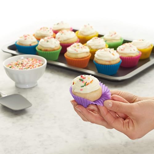Amazon Basics Reusable Silicone Baking Cups, BPA Free Muffin Liners, Dishwasher Safe, 2.9 x 2.9 x 1.3 in (LxWxH), Multicolor, Pack of 12