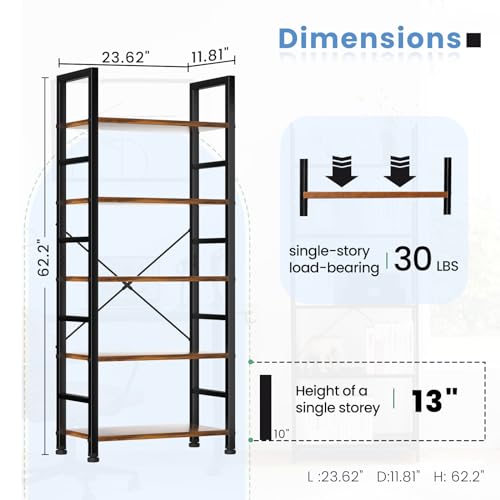 DUMOS 5 Tiers Bookshelf, Classical Modern Book Shelf, Tall Display Shelves in Living Room/Home/Office, Storage Organizer for CDs/Books/Movies, Rustic Brown