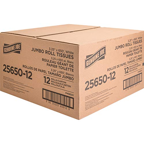 Genuine Joe Jumbo Roll Bath Tissue - 2-Ply White Toilet Paper, 3.3" x 650' per Roll, 12 Count Bulk Pack, Recycled Fiber, Commercial Grade for Dispensers