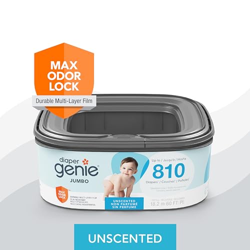 Diaper Genie Jumbo Square Refill, with Continuous Film, can Hold up to 810 Newborn-Sized Diapers per Refill.