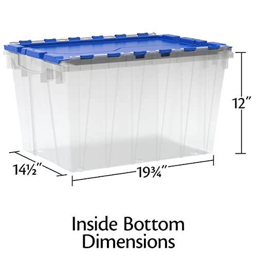 Akro-Mils KeepBox 12 Gallon Storage Container, Nesting and Stackable Plastic Storage Box with Lid Attached, Clear Tote for Garages, Closets, and Moving, 21-1/2" x 15" x 12-1/2", Clear/Blue