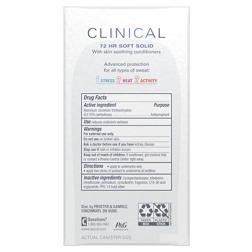 Secret Clinical Strength Antiperspirant Deodorant for Women, Stress Response, 3X Stress Protection, 72hr Sweat & Odor Protection, PH Balancing Minerals, Soft Solid, 1.6 oz (Pack of 3)