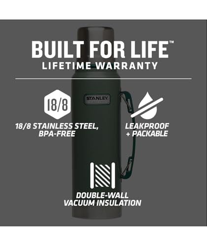 Stanley Heritage Classic Vacuum Bottle with Handle 1.1 qt | Wide Mouth with Leakproof Cup Lid | Keep Drinks Hot or Cold for Travel | Insulated Stainless Steel Thermos | BPA-Free | Hammertone Green