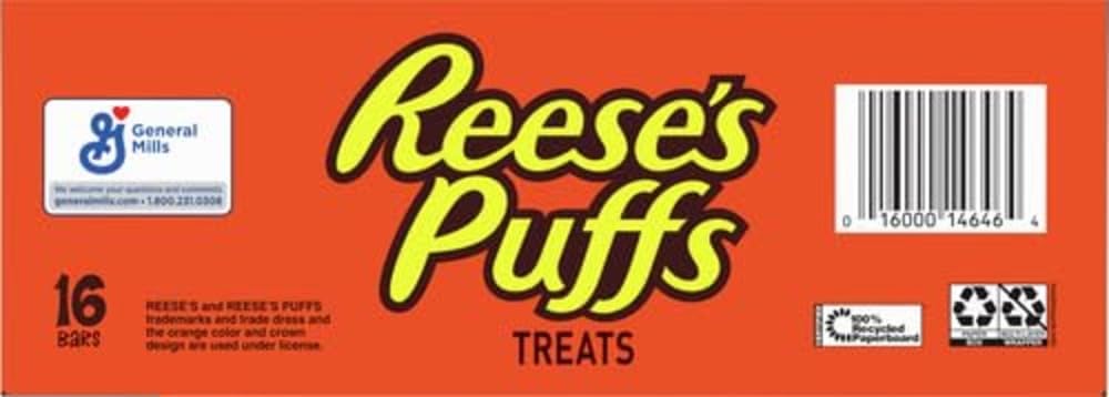 REESE'S Puffs Cereal Treat Bars, Peanut Butter and Cocoa, Snack Bars, Value Pack, 16 Ct, 13.6 oz