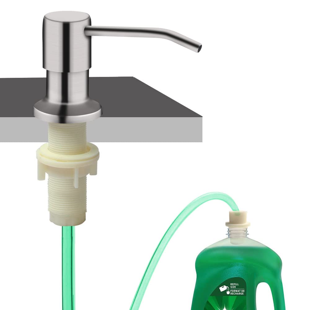 Seifenspender für Küchenspüle, eingebauter Seifenspender (gebürstetes Nickel), Arbeitsplatten-Seifenspenderpumpe mit 119 cm Verlängerungsschlauch-Set, kein Nachfüllen kleiner Flaschen mehr nötig (längere Gewindestange)