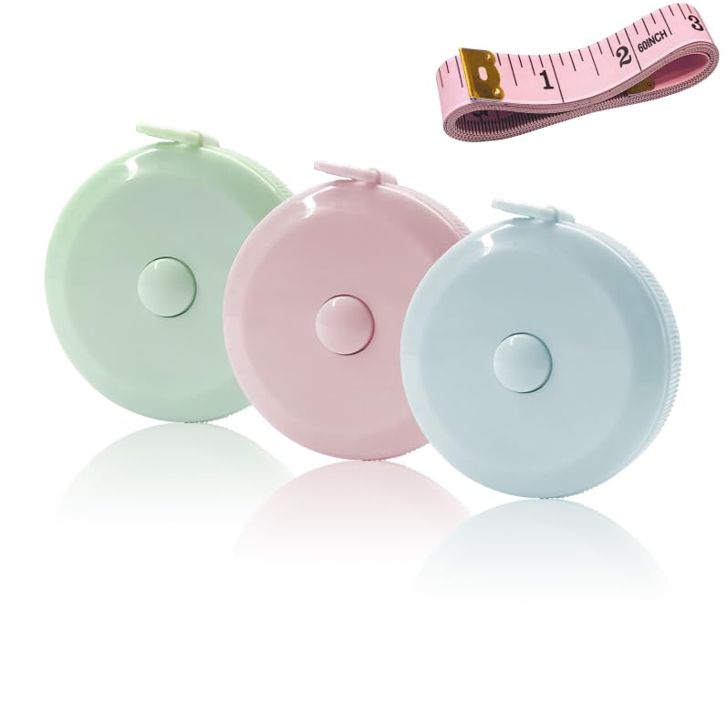 GDMINLO 3 Pack Tape Measure Measuring Tape for Body Fabric Sewing Tailor Cloth Knitting Craft Weight Loss Measurements Retractable 60-inch 1.5 Meter, Small Push ButtonDouble Scales Rulers