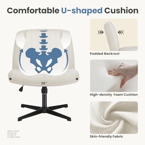 DUMOS Criss Cross Chair Legged Office Wide Comfy Desk Seat, No Wheels Armless Computer Task Seating, Swivel Comfy Vanity Fabric Modern Home Height Adjustable