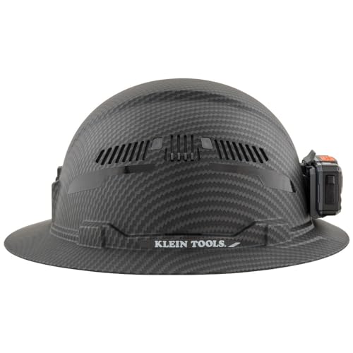 Klein Tools 60347 Hard Hat, Vented Full Brim, Class C, Premium KARBN Pattern, Rechargeable Lamp, Padded Sweat-Wicking Sweatband, Top Pad
