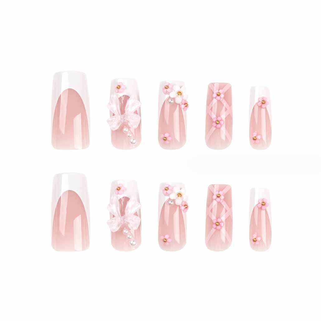 Foccna Press on Nails Medium Long Rhinestone Pink Fake Nails Square Bling Glossy 3D Flower False Nail Tips Artificial Nails Finger Manicure for Women and Girls-24pcs