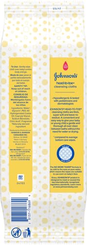 Johnson's Head-to-Toe Gentle Baby Cleansing Cloths, Hypoallergenic and Pre-Moistened Baby Bath Wipes, Free of Parabens, Phthalates, Alcohol, Dyes and Soap, 15 ct