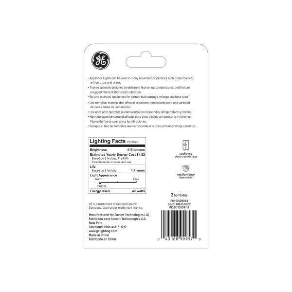 GE Appliance Clear Light Bulb 40w, A15 Bulb Type, Medium Base | 415 Lumens | 2-Count per Pack (1-Pack)