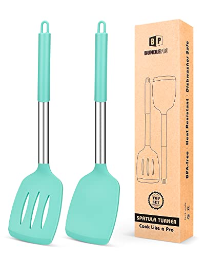 Pack of 2 Silicone Solid Turner,Non Stick Slotted Kitchen Spatulas,High Heat Resistant BPA Free Cooking Utensils,Ideal Cookware for Fish,Eggs,Pancakes (Green)