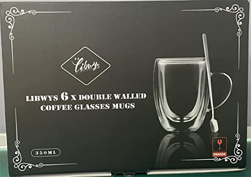 LIBWYS 6 Pack Double Walled Coffee Cups Glasses Mugs, 12oz Espresso Cappuccino Latte Tea Cups with Handle, Heat Resistant Borosilicate Clear Glasses 350ml
