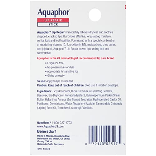Aquaphor Lip Balm Set with Jojoba Oil and Shea Butter, Lip Repair Stick (2 x 0.17 Oz) + Repair Stick with Sunscreen SPF 30 (2 x 0.17 Oz), Fragrance Free, Paraben Free, Immediately Relieves Dryness