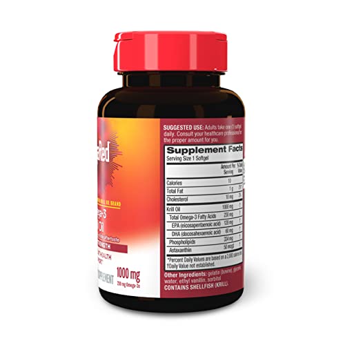 MegaRed Ultra Strength 1000mg Omega-3 Krill Oil Supplement with EPA/DHA, Astaxanthin & Phospholipids, No Fish Oil Aftertaste Supports Heart, Brain, Joint and Eye Health, 60 Count Softgels.