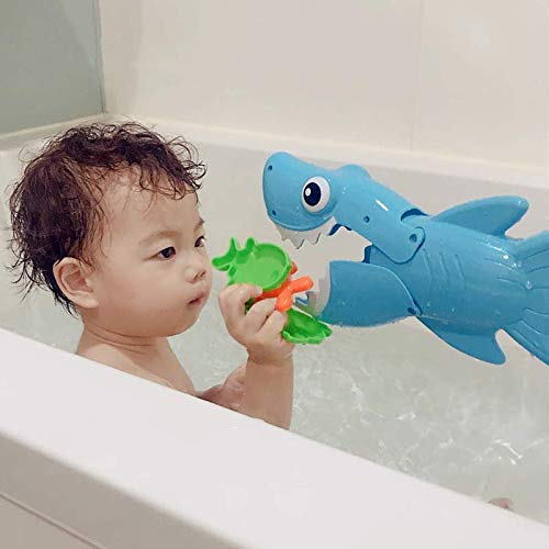 INvench Shark Grabber Baby Bath Toys - Blue Shark with Teeth Biting Action Include 4 Toy Fish - Bath Toys for Kids Ages 4-8 Boys Girls Toddlers Pool Toys