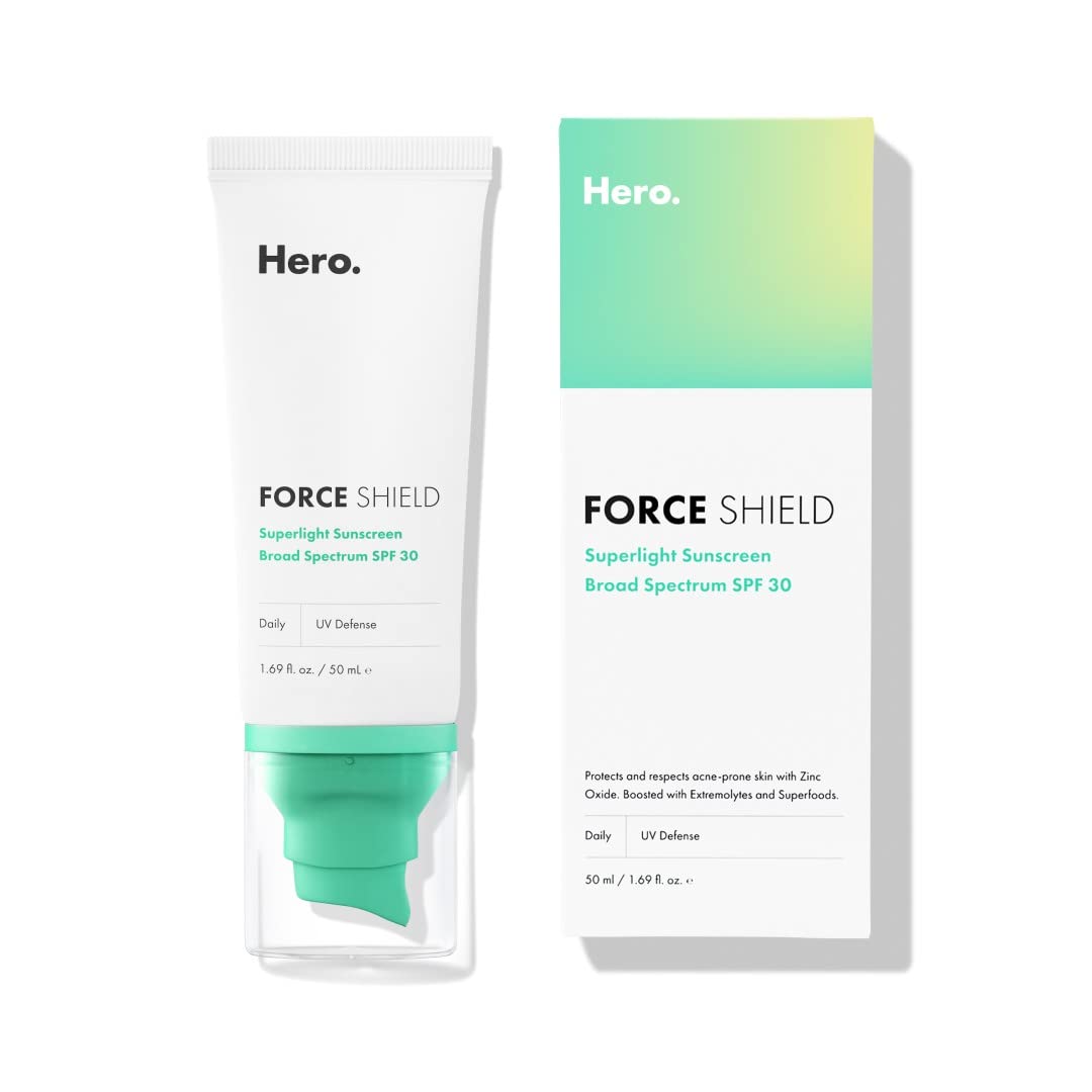 Hero Cosmetics Force Shield Superlight Sunscreen SPF 30 - Everyday SPF 30 for Acne-Prone Skin with Zinc Oxide, Green Surge, and Extremolytes - Fragrance Free and Reef Safe (50 ml)