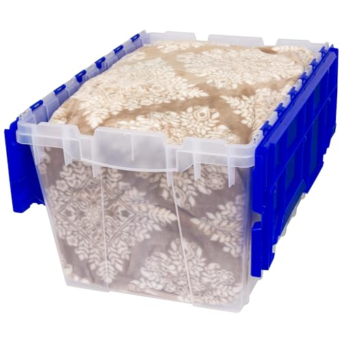 Akro-Mils KeepBox 12 Gallon Storage Container, Nesting and Stackable Plastic Storage Box with Lid Attached, Clear Tote for Garages, Closets, and Moving, 21-1/2" x 15" x 12-1/2", Clear/Blue