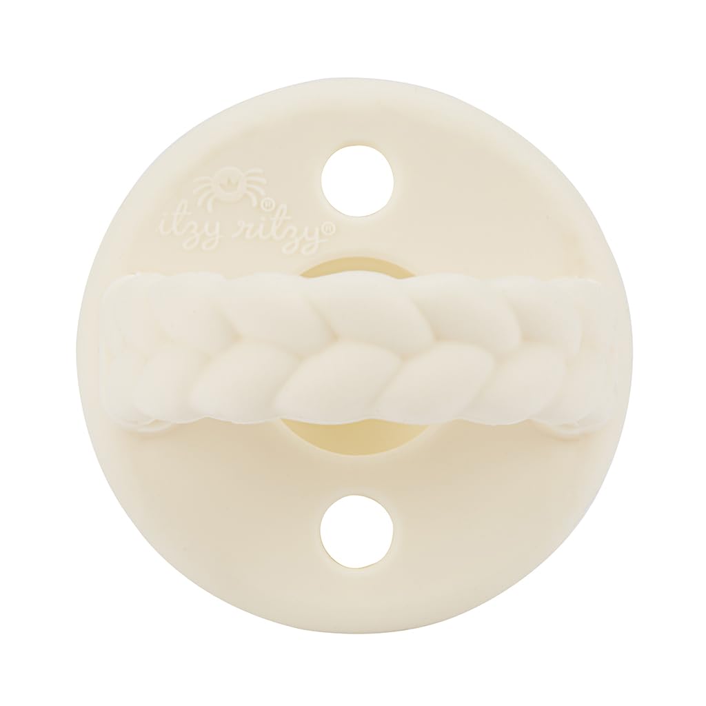 Itzy Ritzy Silicone Pacifiers for Ages 6-18 Months - Itzy Soother Pacifiers Feature Collapsible Handle & Two Air Holes for Added Safety; Set of 2 in Toast & Buttercream, Ages 6-18 Months