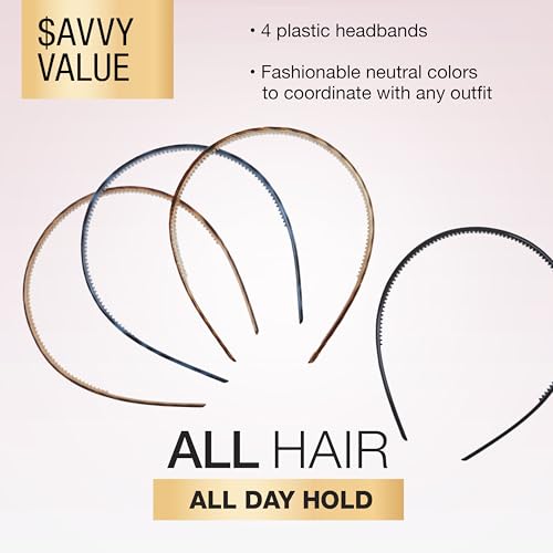 Scunci by Conair Effortless Beauty Skinny headband -plastic Headbands for Women and Men - hair accessories for women - Neutral Colors - 4 Count