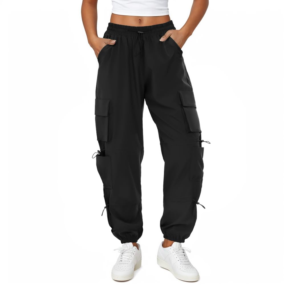 COPYLEAF Womens Parachute Cargo Pants with Pockets Quick Dry Hiking Pants Lightweight Water-Resistant Baggy Joggers(Black L)