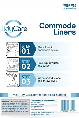 TidyCare Disposable Bedside Commode Liners for Adult Portable Toilet Chair Seat Bucket and Bedpan | Value Pack of 48 Waste Bags | Universal Fit Liners for Home Medical Care